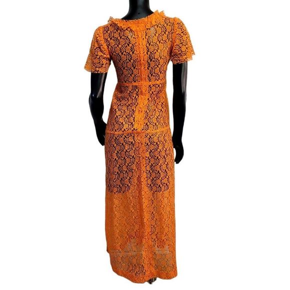 Vintage 70s Bright Orange Lace Popover Sheer Empire Waist Maxi Dress Boho Hippie - Picture 5 of 8